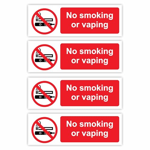 No Smoking or Vaping Signs (4-Pack) Self-Adhesive / 5x15cm Each (Pack of 4) / Landscape Orientation Removable & Wipeable/Indoor or Outdoor Stickers/Gloss Finish/No Smoking Stickers