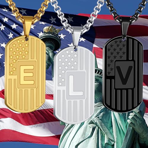 RWQIAN American Flag Initial Dog Tag Necklace for Men Boys, Stainless Steel Letter A-Z with 24 Inch Chain Military Pendant Jewelry Gift for Valentine's Birthday Christmas Anniversary Fathers Day3