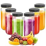 Glass Juicing Bottle Drinking Jars 6 Pack, 16 oz Travel Glass Water Bottles Leak Proof with Plastic Airtight Lids, Dishwasher Safe, Reusable Mason Jars for Juicing ,Smoothies,Milk,Kombucha