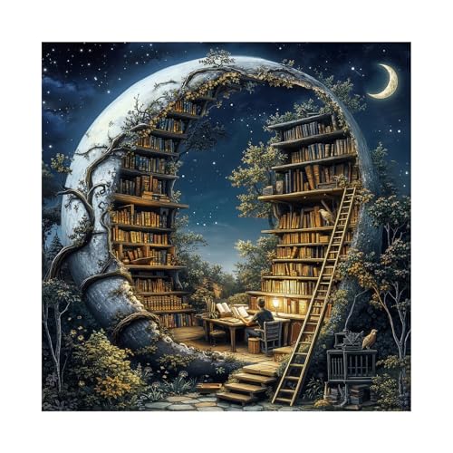 Magic Moon Library Puzzle 1000 Pieces for Adults, Night Book Forest Fantasy Jigsaw Puzzle, Vintage Space Bookshelf Nature Puzzles