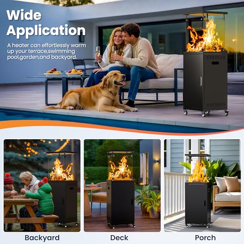 PATIOPIA 41,000 BTU Patio Heater,Propane Outdoor Heater With Cover,CSA Certificated, Lockable Wheels,Tempered Glass, Patio,Backyard,Balcony,Poolside, Inky