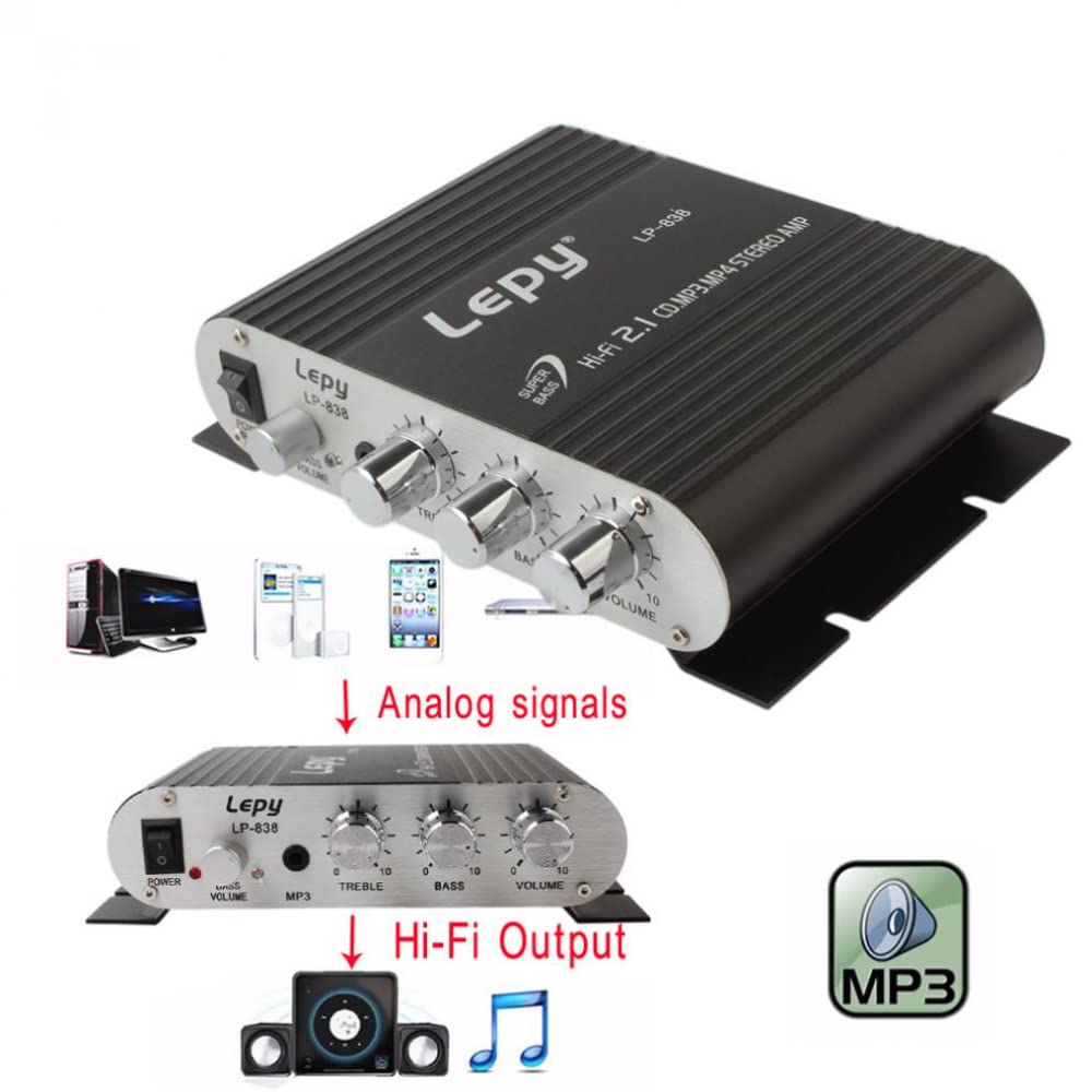 LP-838 Mini Amplificatore di Potenza per Auto Digitale 2.1CH 20W 2x15W Hi-Fi MP3 MP4 Stereo Booster Dvd Moto Casa Bassa Audio Player