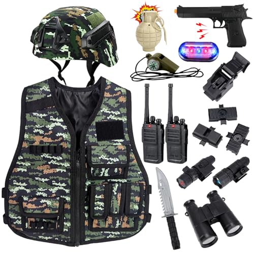 RedCrab Fato de soldado para crianças, disfarce militar de brinquedo com capacete militar, colete, walkie-talkie e outros acessórios, soldado de papel de Halloween carnaval para crianças