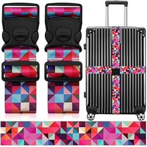 2 Pack Luggage Straps for Suitcases, Adjustable Travel Belt with Double Lock and Quick Release Buckle, Heavy Duty Nylon Bag Packing Strap, Bright Identifiers Business Travel Accessories-Colorful Block
