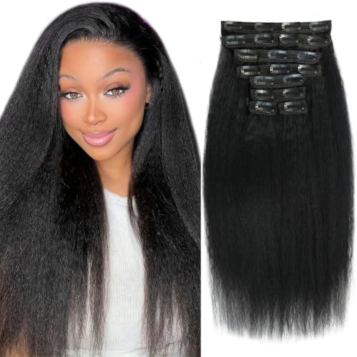 Kinky Straight Clip in Hair Extensions Real Human Hair 8pcs 20Clips Yaki Straight Clip Ins 16Inch 110g Full Head Hair Extensions Brazilian Remy Hair Double Weft Natural Black