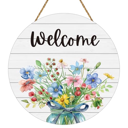 Spring Decorations for Home Spring Door Decor Mason Jar Flowers Wall Decor Wooden Wreaths for Front Door Hanger Welcome Sign for Porch Wall Indoor Home Decor (Flower)