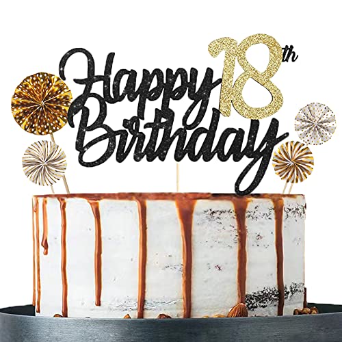Tortendeko 18 Schwarzes Gold set Doppelseitiges Glitzerpapier Happy Birthday Cake Topper für Geburtstag Deko 18 Cover