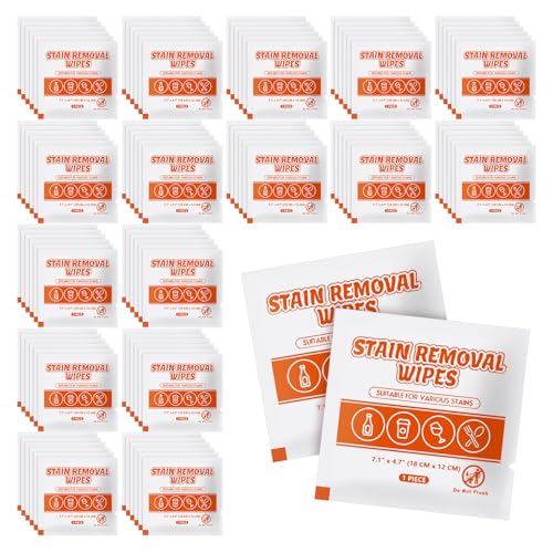Image of Stain Remover Wet Wipes Bulk, Individual Wrapped Clothes Portable Travel Messy Eater Cleaning Laundry Stain Removal Wipes Pocket Size for Clothing Fabric /Wine /Fast Food 7.1 x 4.7 Inch (White 200)