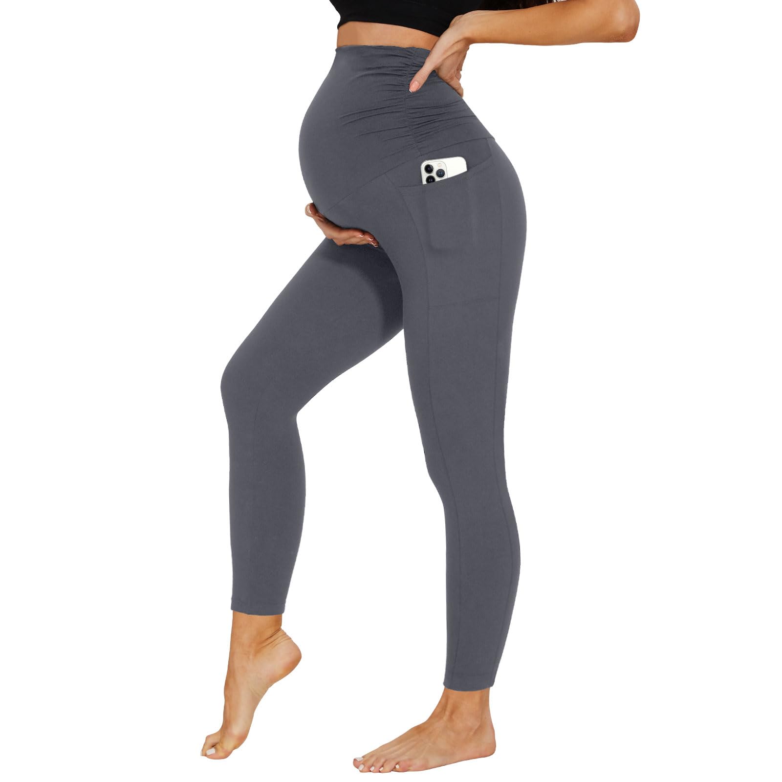 DDOBB Damen Umstandsleggings mit Taschen High Waist Umstandshose Blickdichte Schwangerschaftsleggings Weich Elastisch Umstandsmode Zuhause Yoga Sport