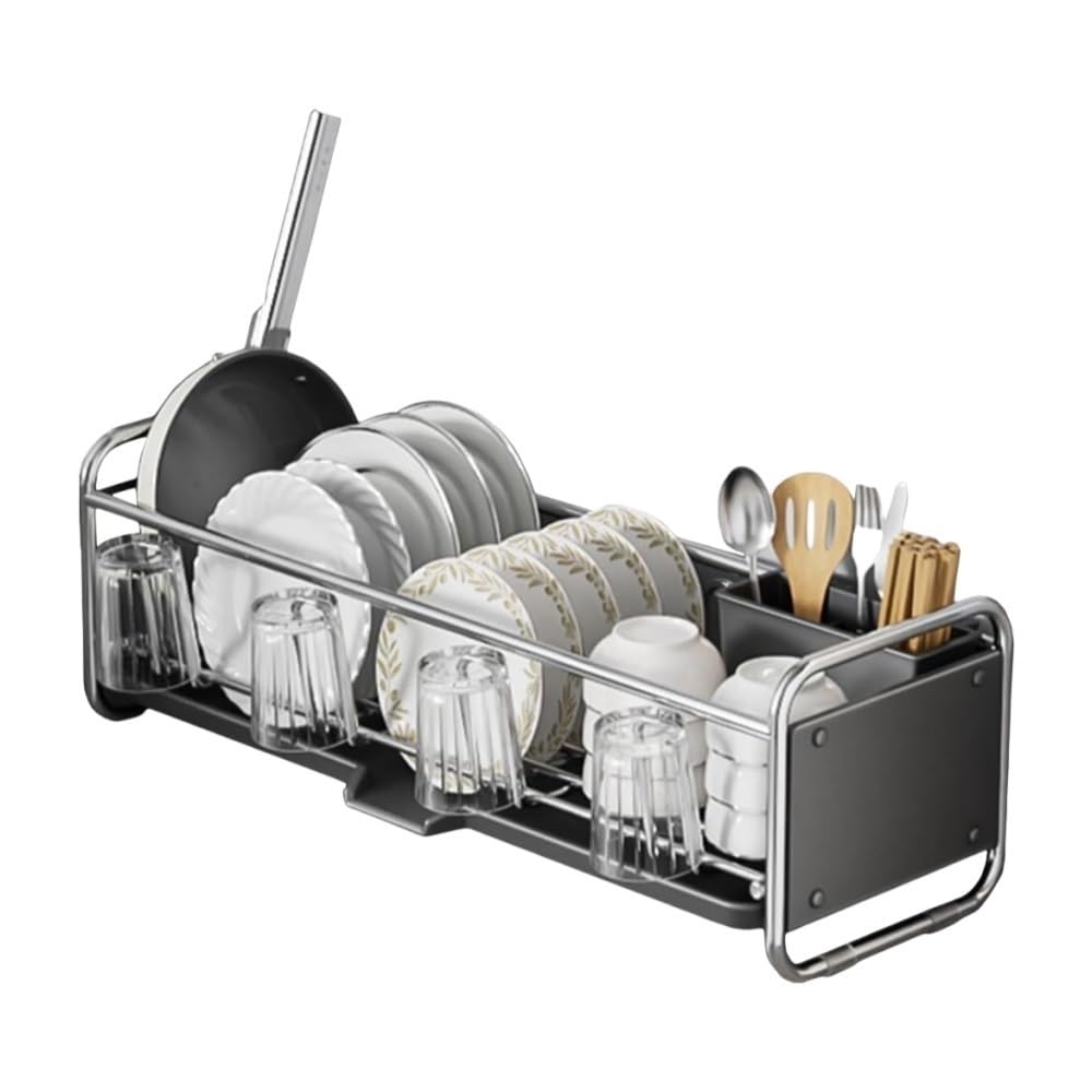 Goxyffmnv Countertop Drain Rack, Dish Storage Rack, Kitchen Organizer, Dish Rack with Drain Tray, Multifunctional Storage Stand for Sink Side, Kitchen Countertop(Gray)
