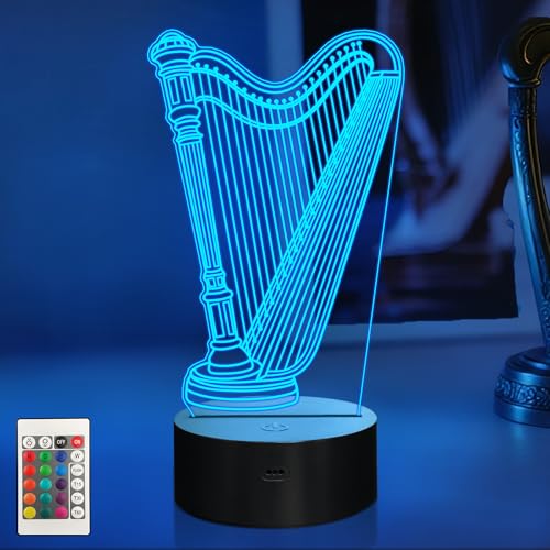 CoolGift Mart Harfe Nachtlicht, 3D LED optische Illusion Lampe mit Fernbedienung und Timer, Geschenke für Harfenisten Musikliebhaber