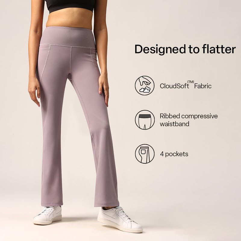 Image of BlissClub Ultimate Flare Pants for Women Upto 5'4 ft | Ribbed Waistband, 4 Pockets | High Waist Trousers and Formal Pants for Office wear