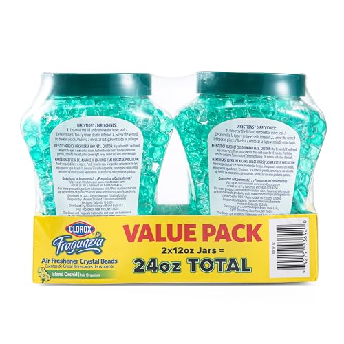 Image of Clorox Fraganzia Crystal Beads Air Freshener Twin Pack, Long Lasting Room Deodorizer and Odor Eliminator Gel Beads for Home, Car, or Office, Island Orchid Scent, 24 Fl Oz