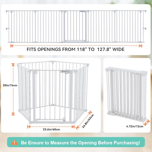 Image of COMOMY 127.8 inch Extra Wide Baby Gate, Dog Gate for House Stairs Doorways Fireplace, Auto Close Pet Gate with Door Walk Through, 5 Metal Panels, Hardware Mounted Baby Fence Indoor Outdoor(30 inch Tall,White)