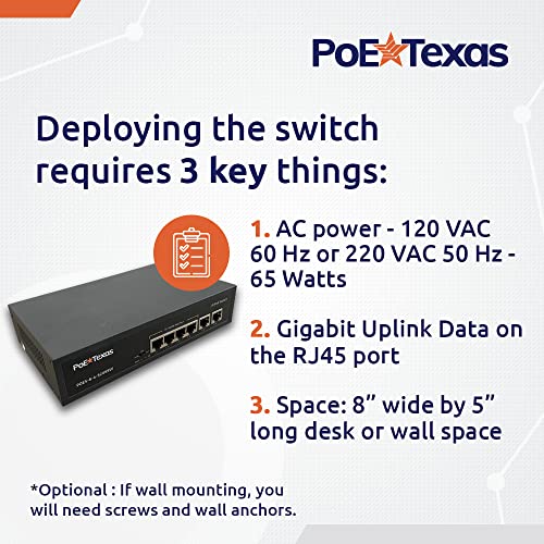 Image of PoE Texas PoE Switch 4 Port - 802.3af /at Power Over Ethernet with 4 PoE+ Ports, 2 LAN Uplink, VLAN & Extender - 65W High Speed Unmanaged Wired Network Switch - Security Cameras, WAP's & More