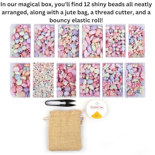 Image of ambitieux 12 Types of Dual Shade Colorful 900+ pcs of Plastic Beads with Elastic,Jute Bag and Thread Cutter - Perfect for Crafting (Kids Bracelet Kit)