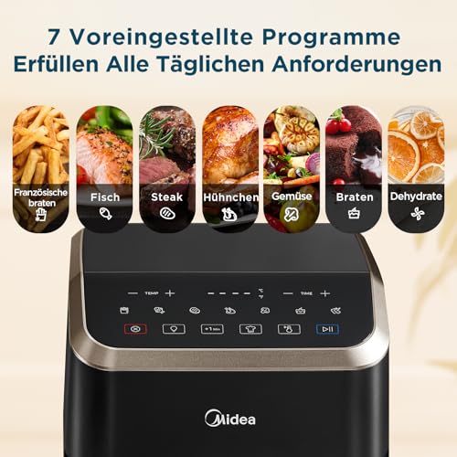 Image of Midea 5L Air Fryer with HeatXpress Technology, 90% Oil Reduction, 7 Programs, Clear Illuminated Window, Non-stick, Time and Energy Saving
