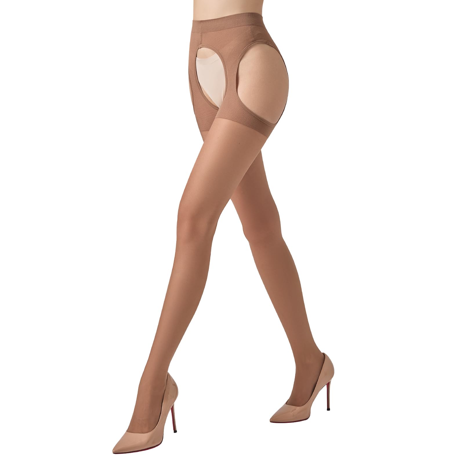 MANZI Crotchless Tights Women Suspender Stockings Sheer Garter Pantyhose 30D Brown XL-XXL