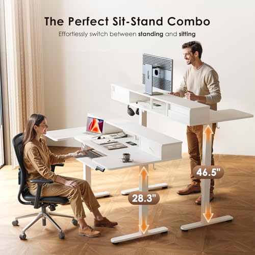Image of OffiGo U Shaped Electric Standing Desk with Drawers, 55 Inch Height Adjustable Desk with Keyboard Tray & Ergonomic Monitor Stand, Sit Stand Table with Power Outlets for Home, Office, White
