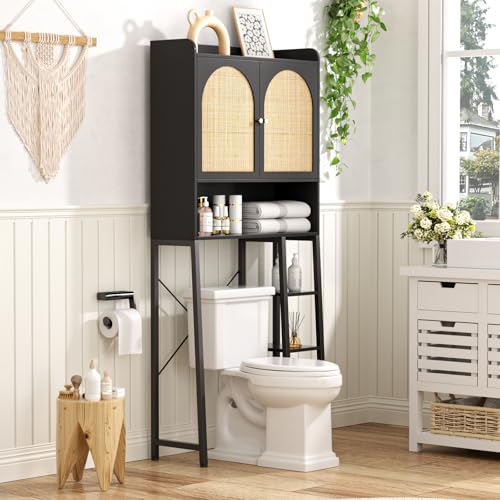 FiveWillowise Gabinete de almacenamiento de ratán sobre el inodoro con estante ajustable, organizadores de baño y almacenamiento con soporte de metal y estante de madera, estante alto independiente