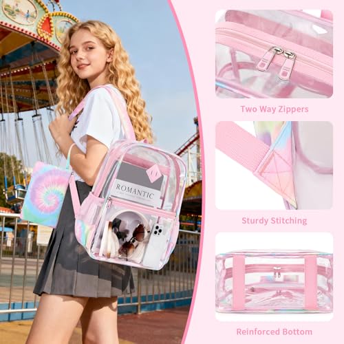 Image of MUSEVOS Clear Backpack for School, Heavy Duty PVC Transparent Bookbag for Girls Stadium Approved See Through Backpack, Pink Tie-Dye