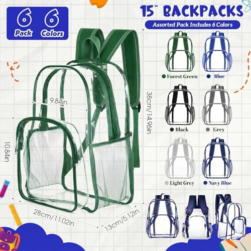 Image of Amylove 6 Pcs Clear Backpack bulk for Stadium Events Heavy Duty PVC Transparent Bookbag for College Workplace Security (15 Inches,6 Dark Colors)