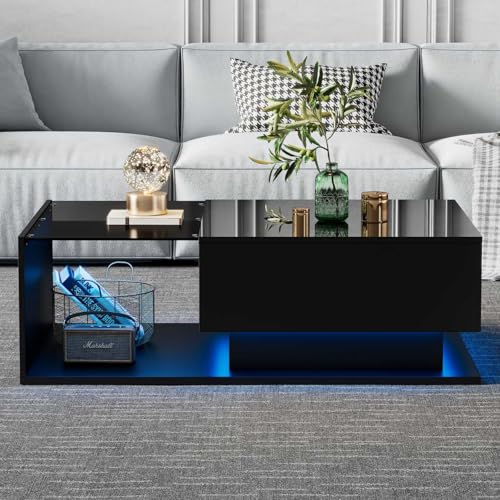 KOMHTOM Table Basse Noire avec Plateau en Verre et Plateau Brillant, Table d'appoint LED avec...