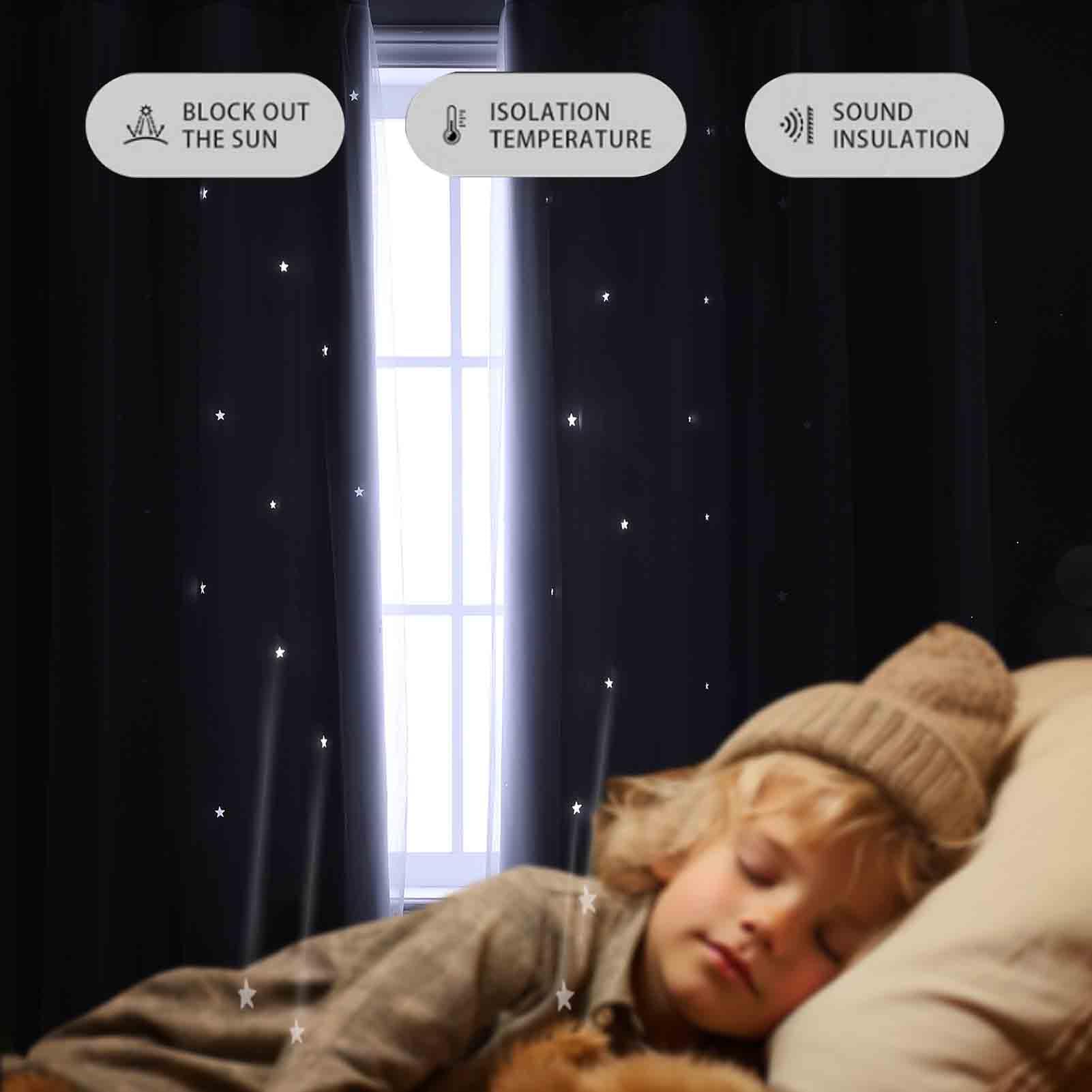 Anytime Cortina romántica para niños, cortina de ventana con estrellas huecas, cortinas opacas de doble capa para niñas, dormitorio, habitación de niños, 2 paneles (52 x 95 pulgadas, blanco grisáceo)