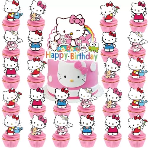 25pcs Cupcake Toppers with 1 Happy Birthday Cake Topper, Cute Anime Hello Pink Cat Themed Party Supplies, Perfect for Birthday Party Decorations (Style B)