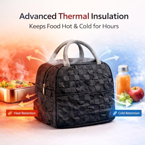 Image of The Earth Store Black Check Insulated Lunch Bag for Office, Men, Women | Travel Tiffin Bag with Handle, Waterproof & Leakproof | Reusable Thermal Lunch Box Bags