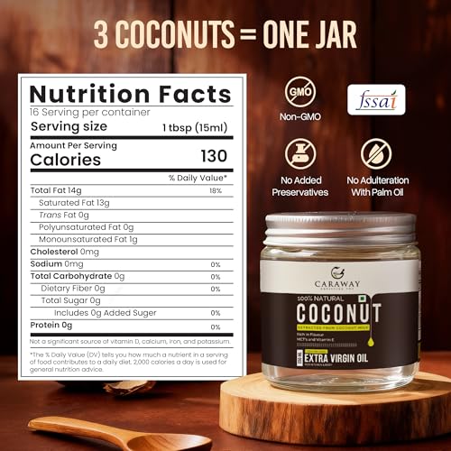 Image of CARAWAY Extra Virgin Coconut Oil - 200 ml | Coconut Oil Virgin Cold Pressed & Centrifuged - Suitable for Baby Massage, Hair Care & Ayurvedic Practices | Rich in MCT's | Glass Packaging