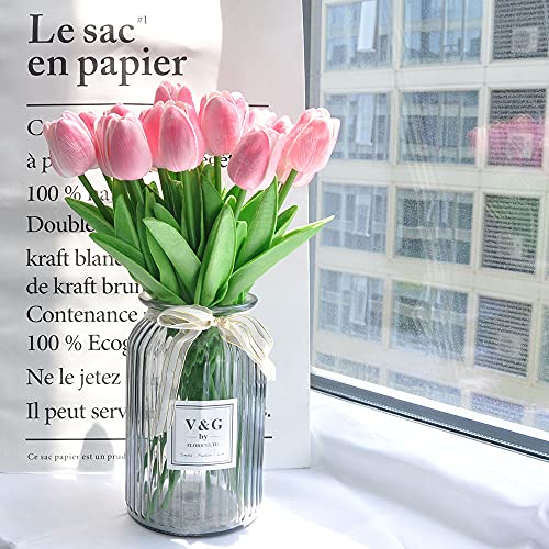 20Pcs Artificial Tulips Pu Touch Single Stem Tulip Fake Flower Bouquet Arrangement For Home Party Wedding Decoration (Pink) #TOP4