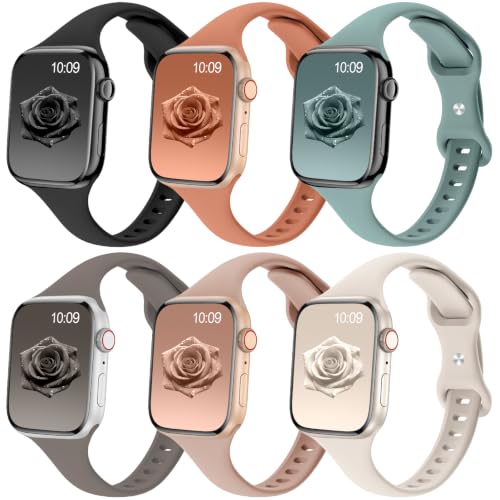 Image of 6 Pack Thin Slim Soft Silicone Bands Compatible with Apple Watch Women Men | 38mm 40mm 41mm 42mm 44mm 45mm 46mm 49mm, Waterproof Lightweight Strap for iWatch Series 11 /10 /9 /8 /7 /6 /5 /4 /3 /2 /1 SE Ultra