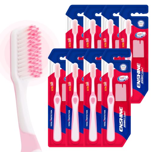Image of Enshine Advance Clean+ Soft Toothbrush for Adults - Pack of 8 | Ultra Soft Tapered PBT Bristles | Tooth Brush Set with Non-Slip Grip | Manual Toothbrushes for Sensitive Gums & Enamel | Color Pink
