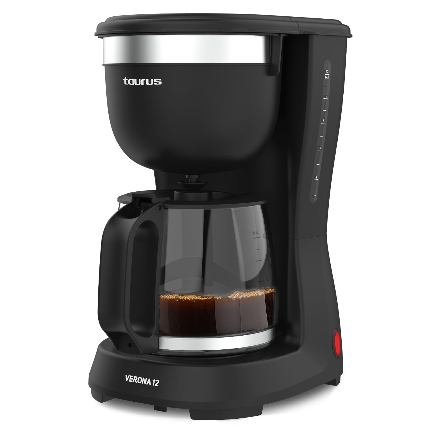 Taurus – Cafetera de Goteo Verona 12, 680W, Coffee, Capacidad 1,25L, 12 Tazas, Cafetera con Filtro Permanente Lavable, Boquilla Antigoteo, Sin BPA, Autoapagado, Compacto, Negro