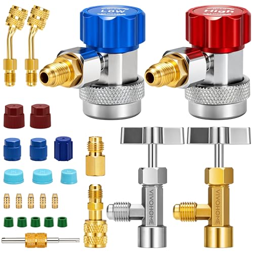 VIVOHOME AC R134a Adapter Tool Kit R134a Quick Couplers and Self Sealing and Puncture Can Taps R410a Adapters Tank Adapter and Valve Core Remover AC Gauge Hose Conversion Adapters