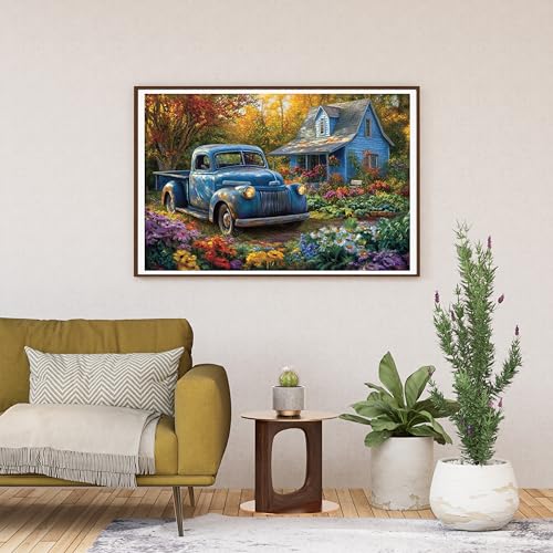 Image of Moohue 14ct Counted Cross Stitch Kits for Adults Car Garden House Printed Stamped Cross Stitch Patterns Kits Cross Stitch Supplies (Car Garden House)