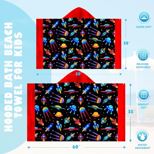 Image of Universe Boys Beach Towel with Hoodie for Kids Toddlers Age 4-8,Starry Sky Blue Bath Towels Shower Wrap for Boys, Hooded Poncho Beach Blanket for Pool Swimming Cute Wearable Bath Towel for Child