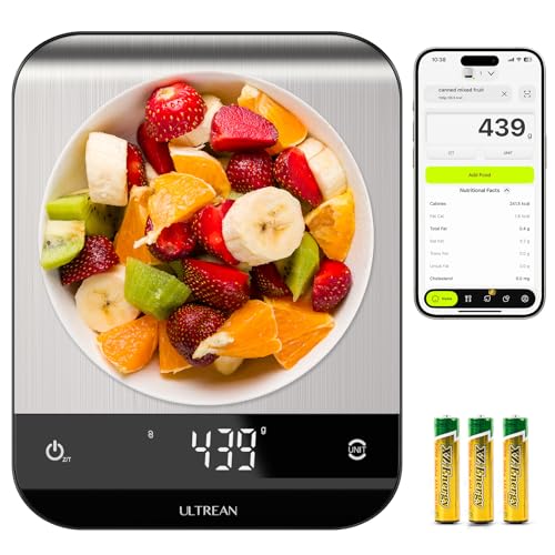 Ultrean Food Scale with Nutritional Calculator,Digital Grams and Ounces for Baking Cooking,Smart Food Weight Scale with App for Tracking 20 Nutrients, Calorie, Fat, Carbs, Stainless Steel, 33lb