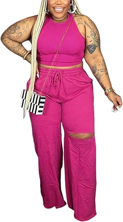 2 Piece Outfits for Women Pure Color Sleeveless Ribbed Knit Tank Top Ripped Wide Legs Long Pants Tracksuit Sport Set