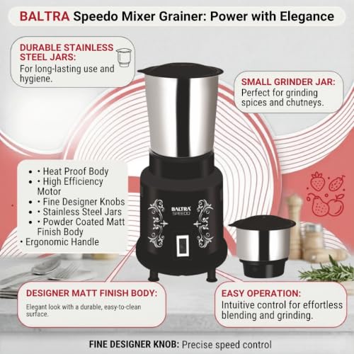 Image of Baltra Speedo Mixer Grinder for Kitchen - 2 Jars 400 Watt - Mixie with Mini Jar for Chutney | Adjustable Speed Control | 2 Stainless Steel Jar | Overload Protection | ISI Marked - 2 Years Warranty
