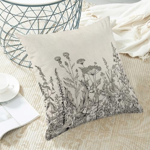 Image of AEIOAE Black White Gray Pillow Covers 16x16 Inch Set of 2, Spring Wildflower Plant Throw Pillows Case,Seasonal Floral Outdoor Decorative Flowers Farmhouse Decor Cushion Covers for Home Sofa Bed Couch