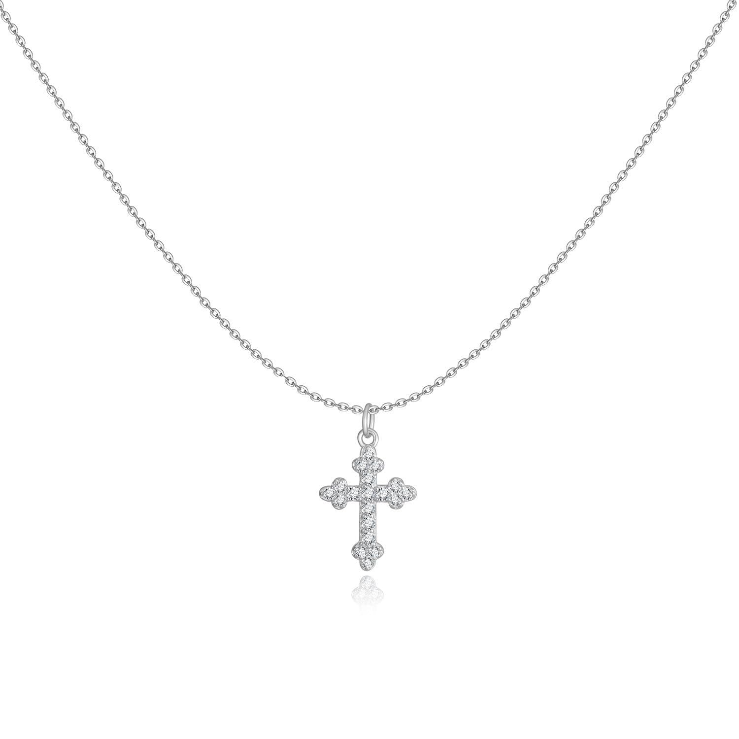 MARLION JEWELS Collar de Plata de Primera Ley (S925) Elegante Cruz adornada con Brillantes Blancos. Colgante acabado en Plata o Baño Oro 18K. Perfecto Regalo Cumpleaños y Día de la Madre. Joyas para mujer.