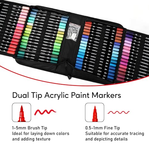 Image of Pagather 100 Colors Acrylic Paint Markers, Dual Tip with Fine Tip and Brush Tip Pens for Fabric, Stone, Wood, Canvas, Ceramic, Metal, Glass, Rock Painting, DIY Crafts Art Supplies Kit