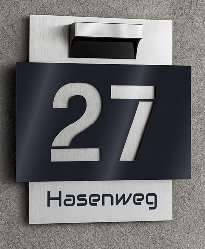 Premium Hausnummer | Aluverbund silber gebürstet und Acrylglas Anthrazit Hochglanz oder Matt | Wahlheise mit Solar LED | individuell anpassbar | Wetterfest - Made in Germany - H1009_27A