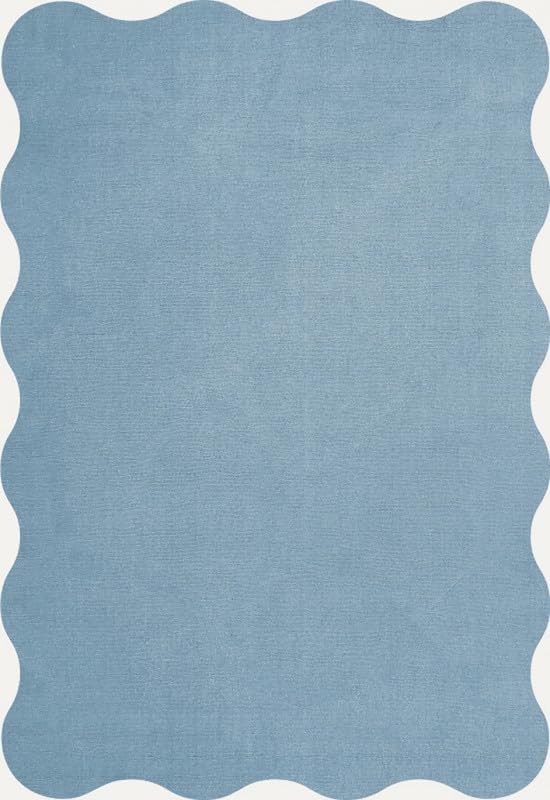 Image of Hand-Tufted Wool Area Rug - 5x8 Ft, Solid Soft Blue Rug with Luxurious Scalloped Edges, Soft Plush Handmade Wool Carpet for Hallway, Living Room, Bedroom, Nursery & Modern Home Decor