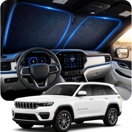 [2026 Upgraded] DooGooCoo Windshield Sun Shade for Jeep Grand Cherokee 2011-2025 2026 [Cooling Ice-Crystal 100% Sun Block ] Sunshade for Car Windshield Grand Cherokee Sun Shade Custom Fit Jeep.
