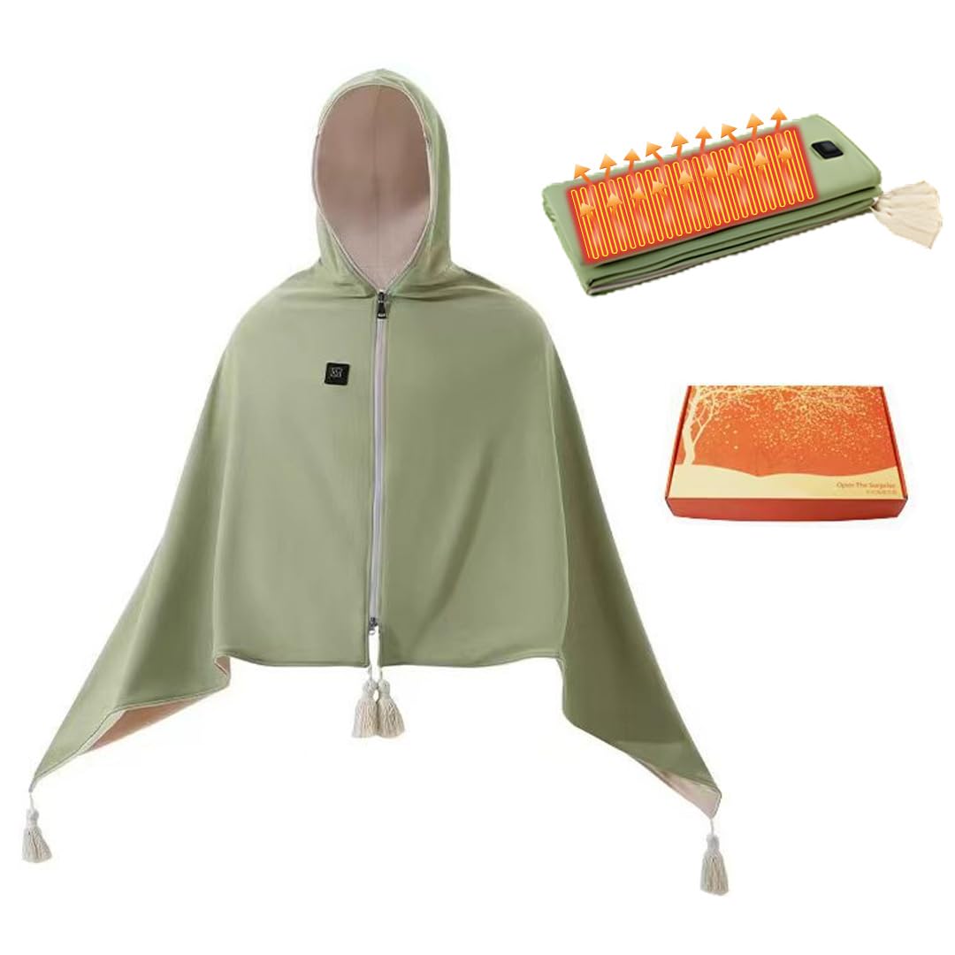Coperta Termica Elettrica USB Con Cappuccio E Cerniera | Impostazioni A 3 Temperature, Comfort Su Entrambi I Lati, Lavabile in Lavatrice E Sicuro (Verde,Confezione Scatola Regalo)