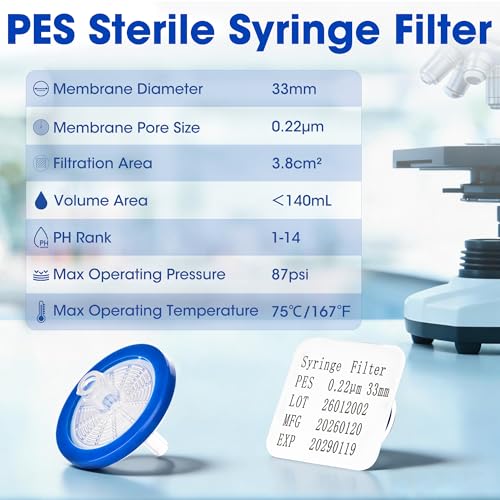 Image of Sterile Syringe Filters PES 0.22m, Double-Layer 33mm Hydrophilic Membrane | Individually Packed Syringes Filter, Pack of 10 for Lab Filtration Use, Female Luer Lock & Male Luer Slip