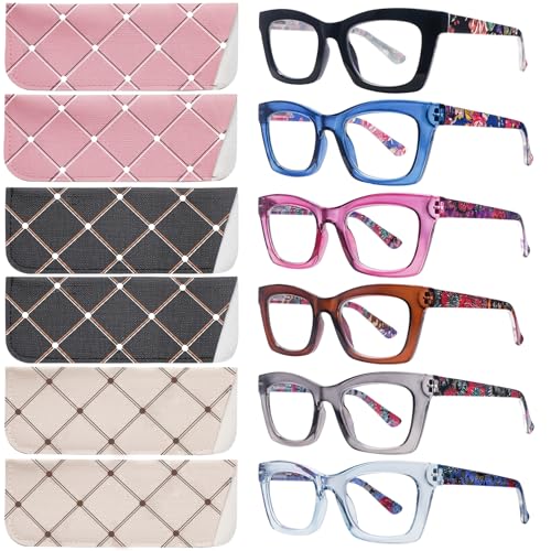 SIGVAN Oprah Style Reading Glasses for Women, Blue Light Blocking Oversized Square Computer Readers with Spring Hinge (6 Mix, 2.75, multiplier_x)